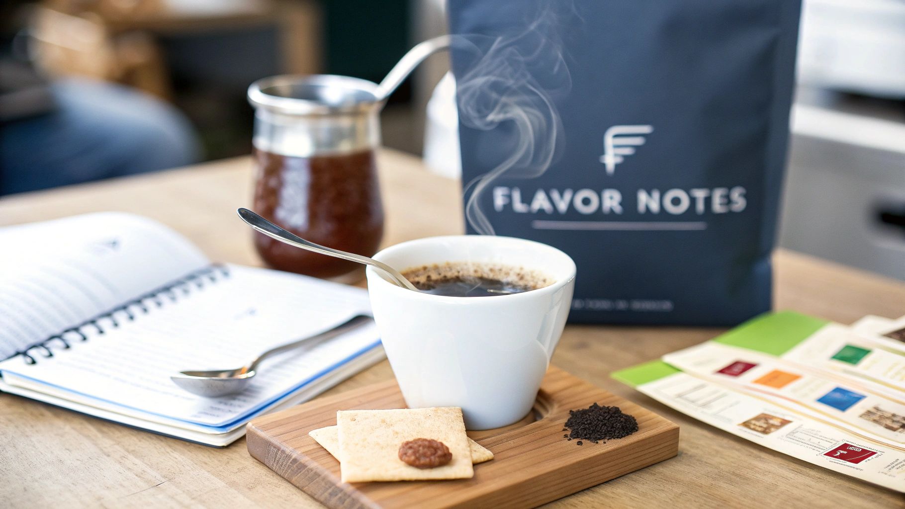 A steaming cup of coffee with a spoon, Flavor Notes bag, notebook, and tasting elements.