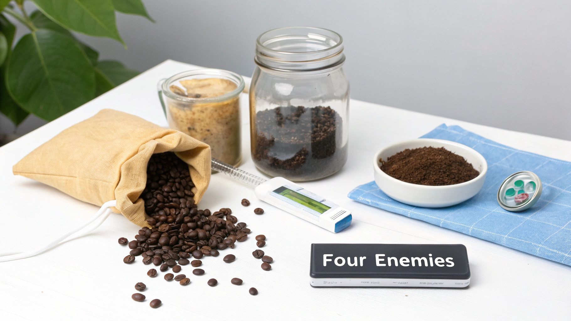 Various coffee items including whole beans, ground coffee, and tools for measuring moisture and humidity, symbolizing coffee preservation challenges.