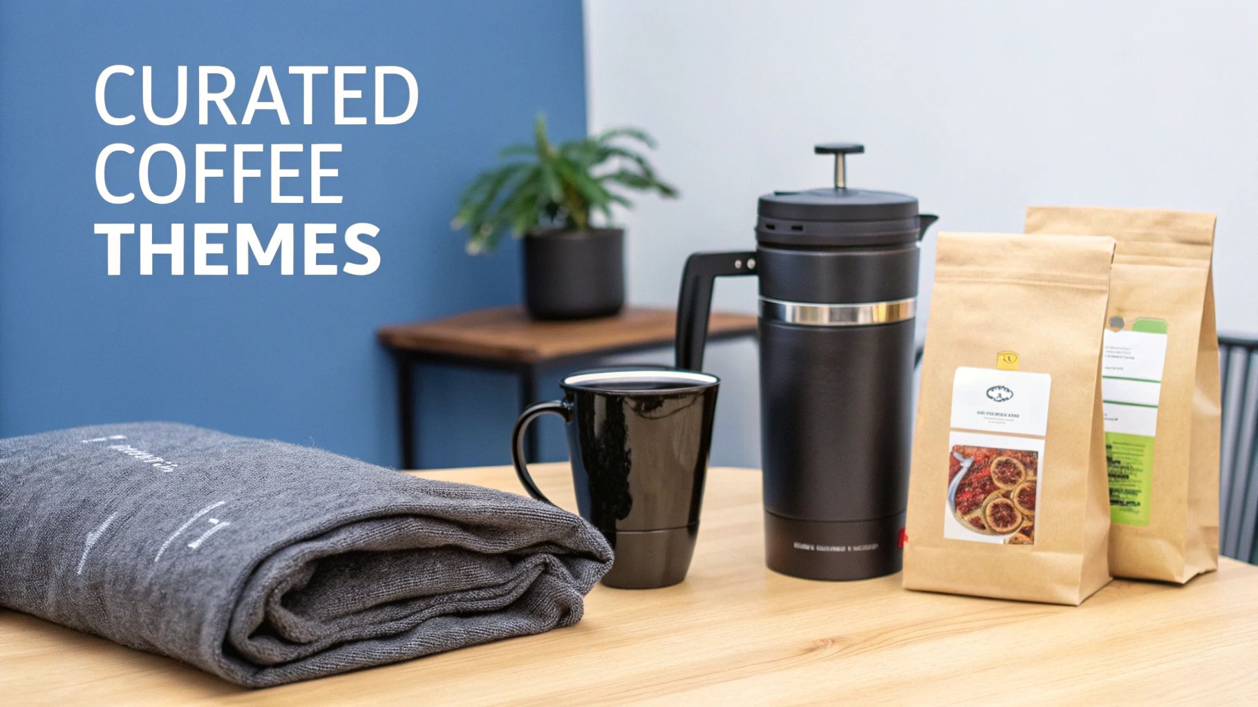 A curated collection of coffee-themed items including a blanket, mug, French press, and coffee bags on a wooden table.