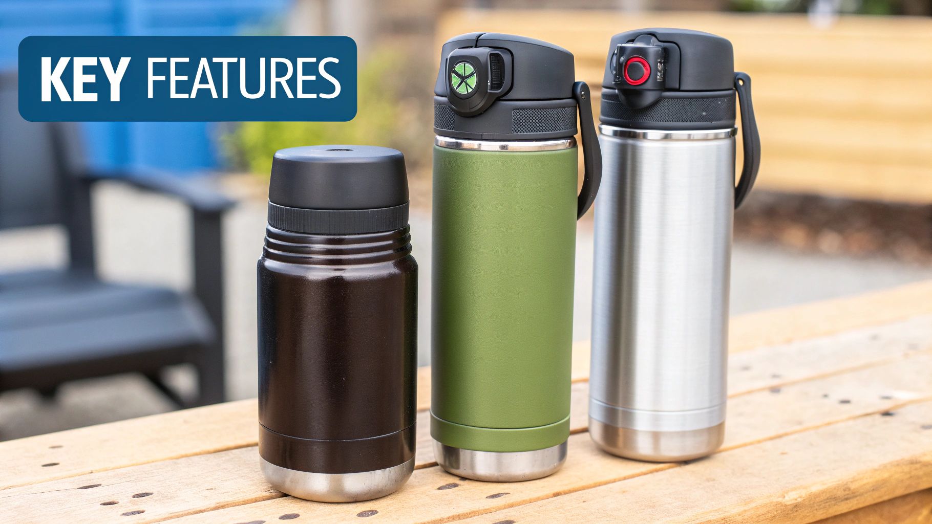 Three insulated thermos bottles, brown, green, and silver, on a wooden table with a 'KEY FEATURES' banner.