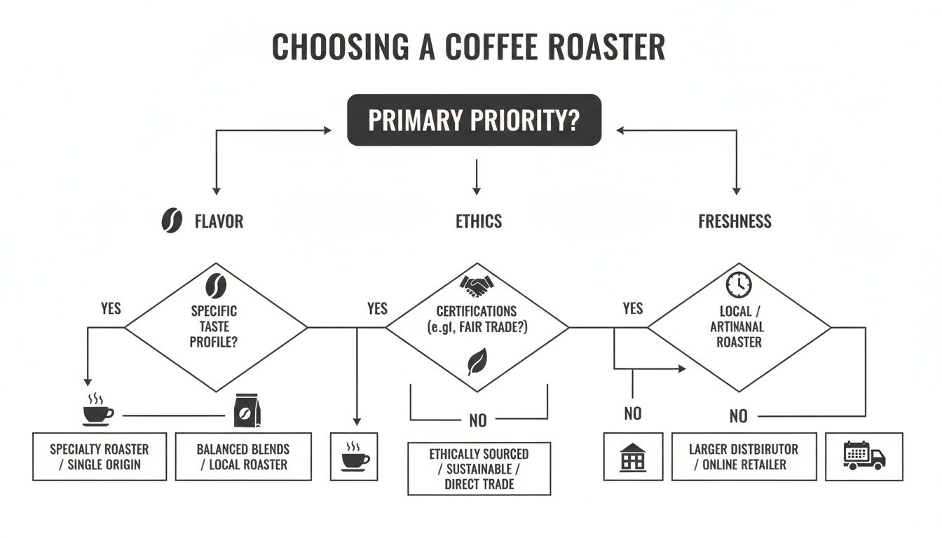 Flowchart guiding users to choose a coffee roaster based on flavor, ethics, or freshness preferences.