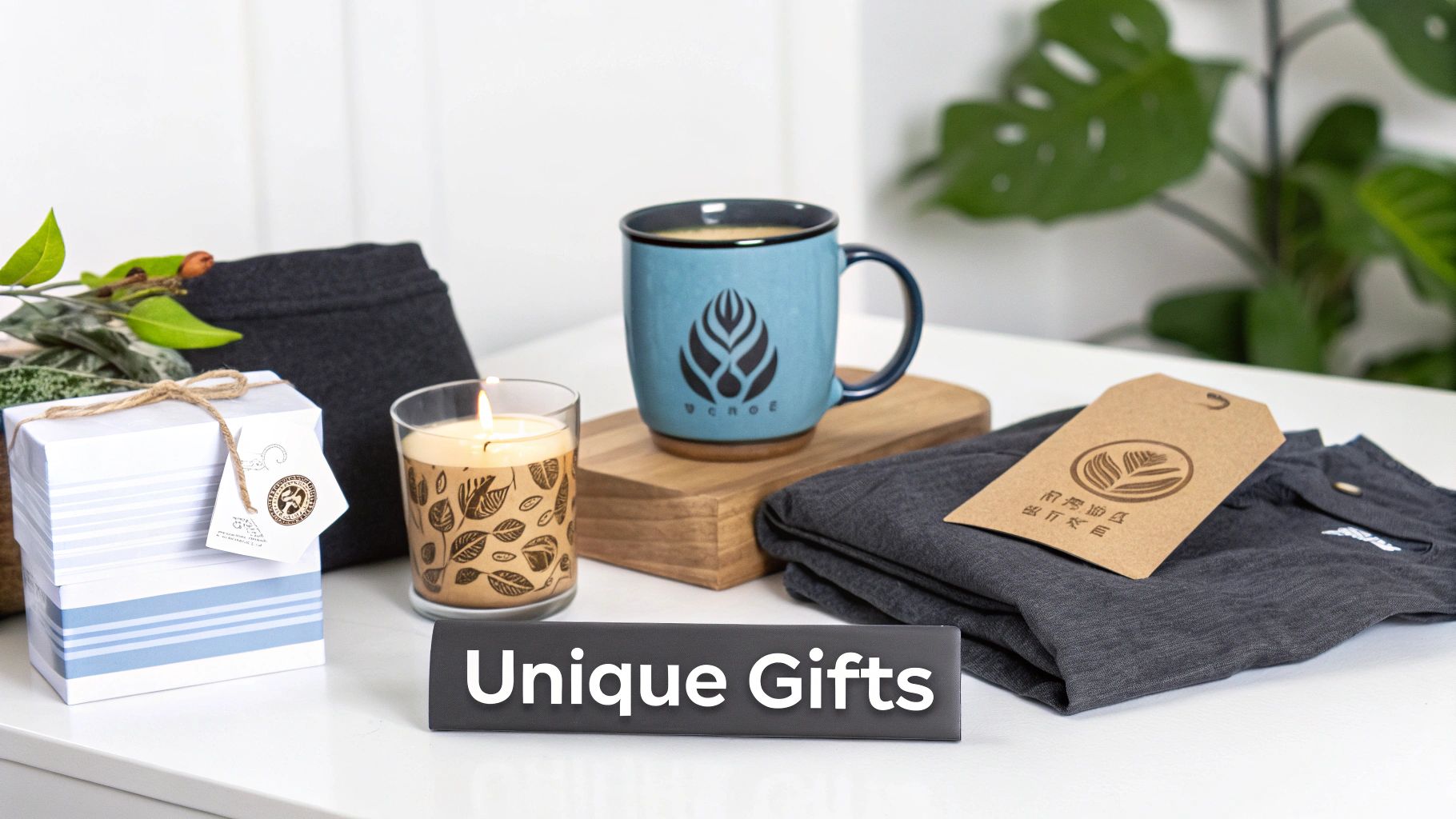 A tabletop display of unique gifts including a blue coffee mug, a lit candle, a wrapped box, and a folded shirt.