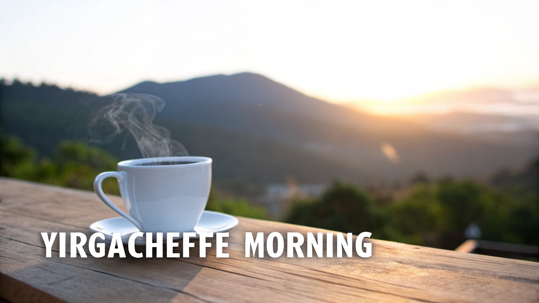 A steaming white coffee cup on a wooden table with mountains and sunrise in the background, text says 'YIRGACHEFFE MORNING'.