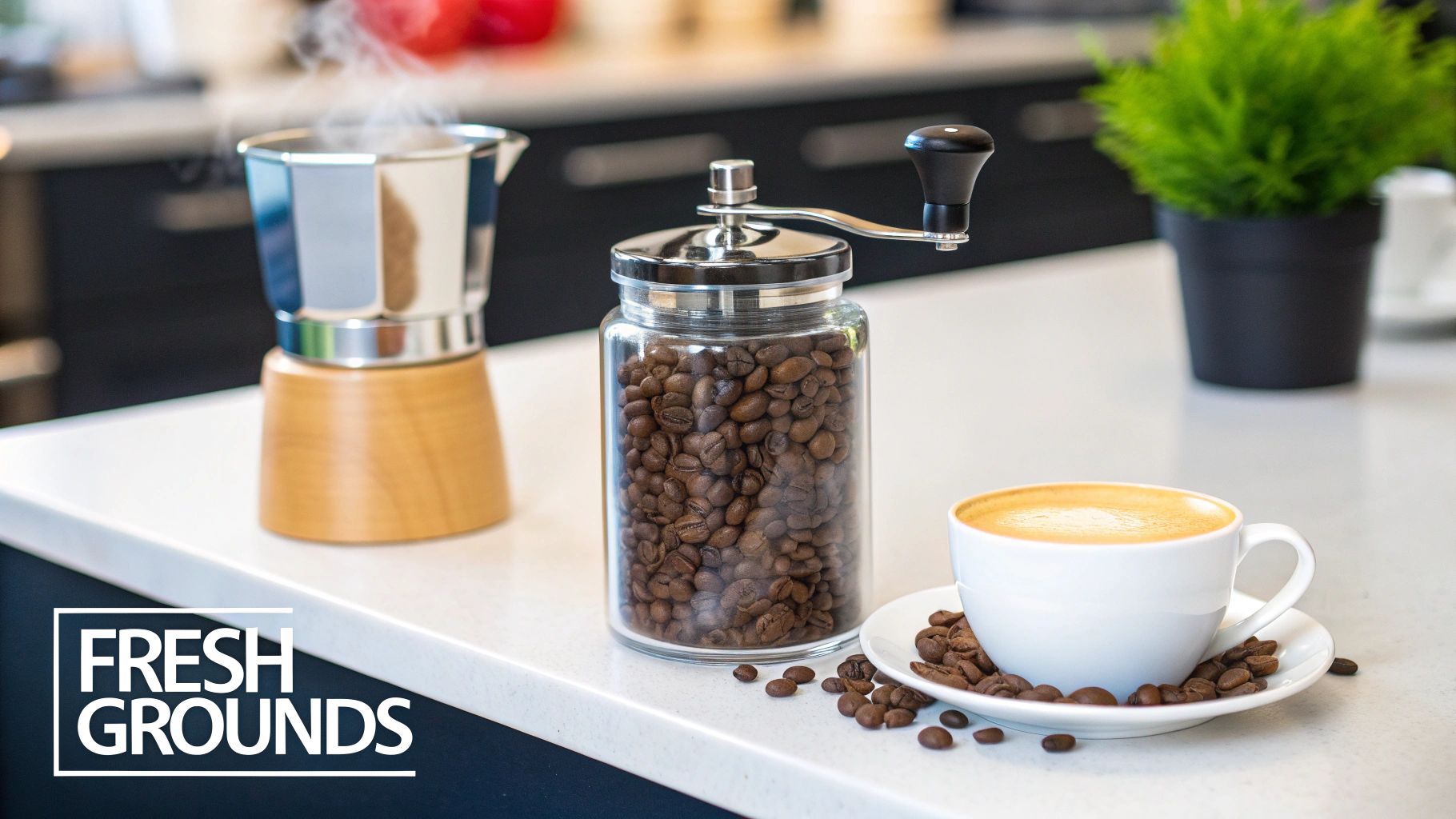 A home coffee setup featuring a steaming moka pot, coffee bean grinder, and a cup of fresh coffee.