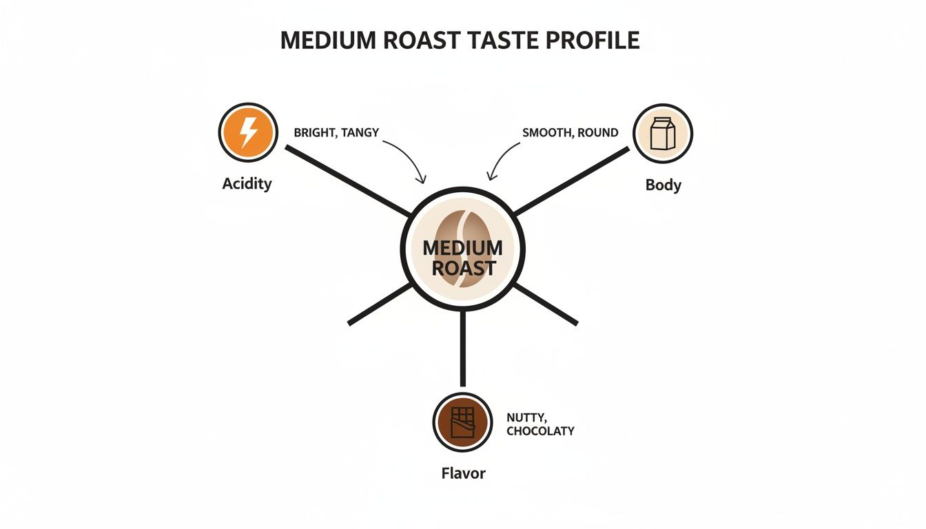 Diagram illustrating the taste profile of medium roast coffee, detailing its bright acidity, smooth body, and nutty, chocolaty flavor.