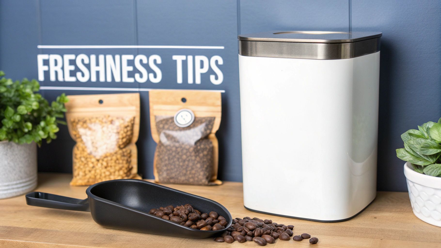 A white coffee canister, black scoop, and roasted coffee beans on a wooden counter with a "FRESHNESS TIPS" sign.