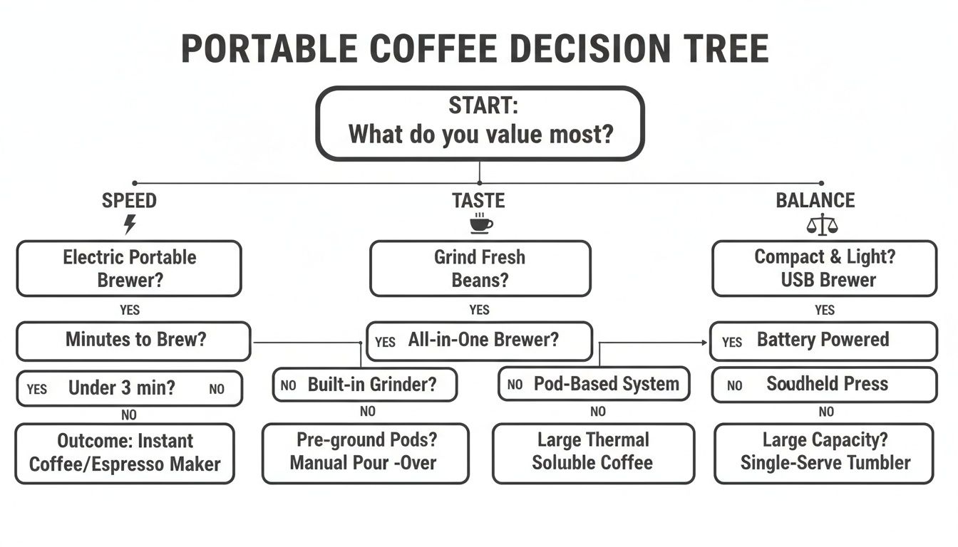 A decision tree diagram for selecting a portable coffee maker based on speed, taste, or balance.