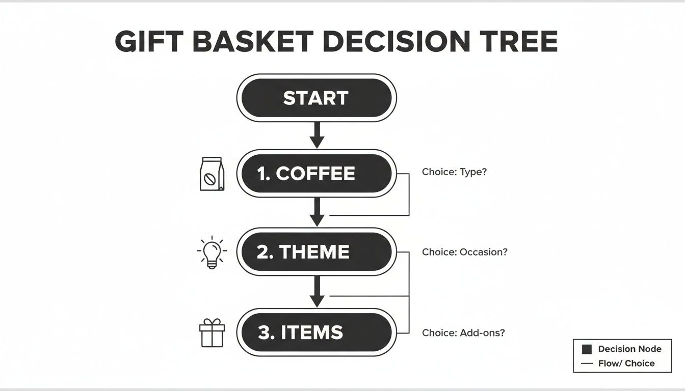 A gift basket decision tree flowchart showing steps for coffee type, theme occasion, and item add-ons.