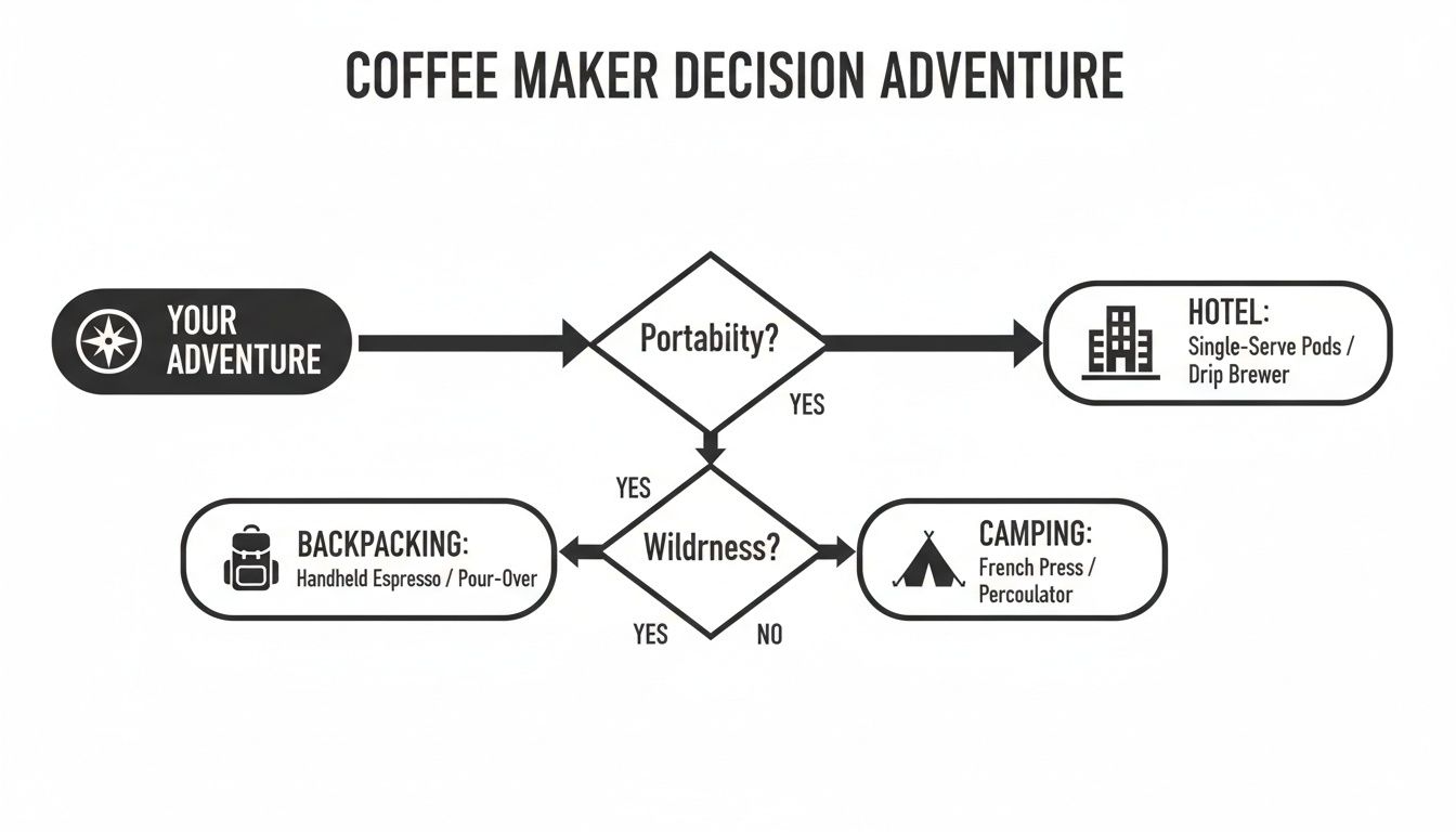 Flowchart for choosing a coffee maker based on travel type: hotel, backpacking, or camping needs.