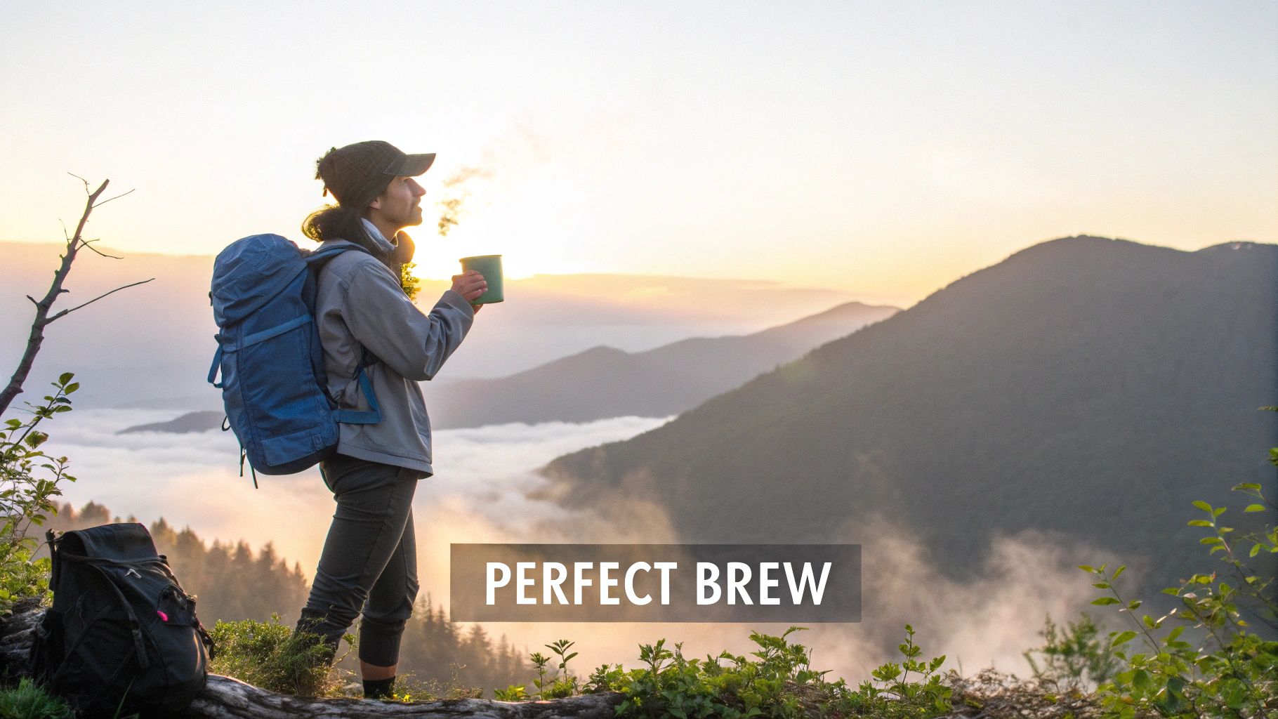 A hiker with a backpack enjoys a steaming mug of coffee at sunrise over a mountain range.