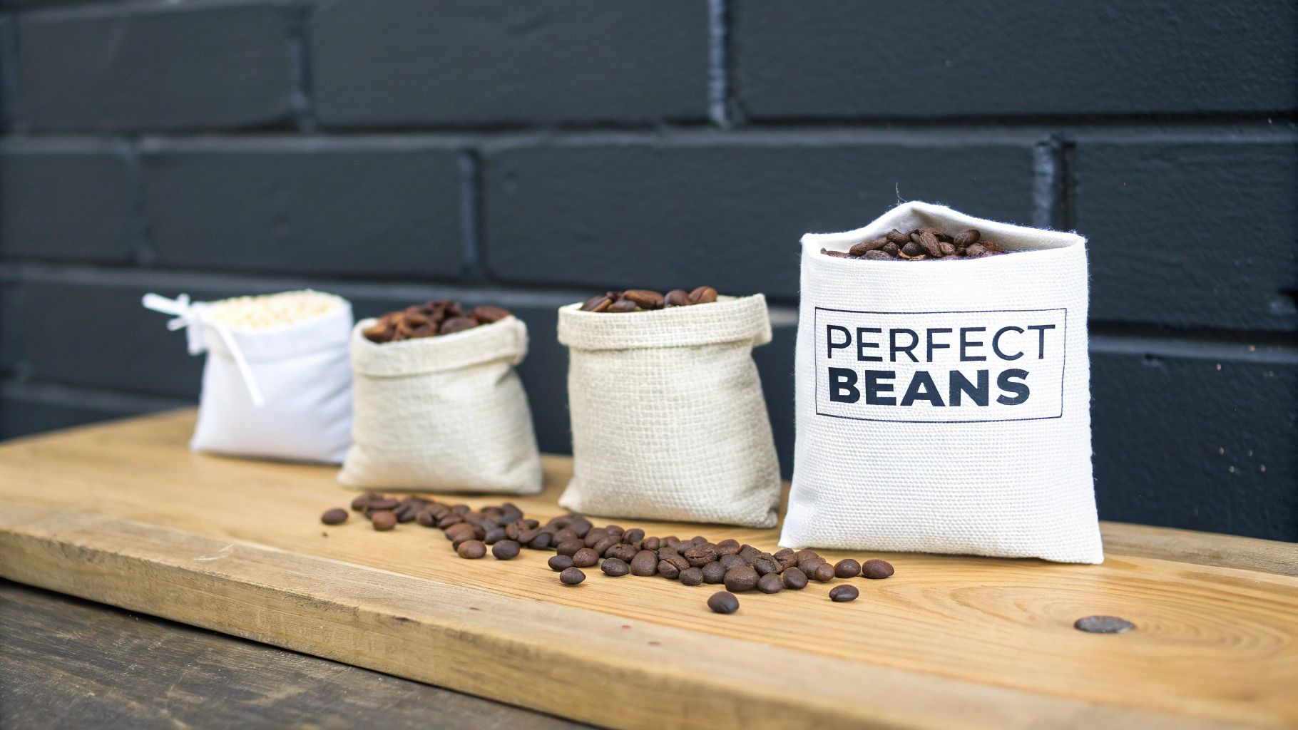 Assortment of coffee beans in small bags, one labeled "PERFECT BEANS", on a rustic wooden surface.