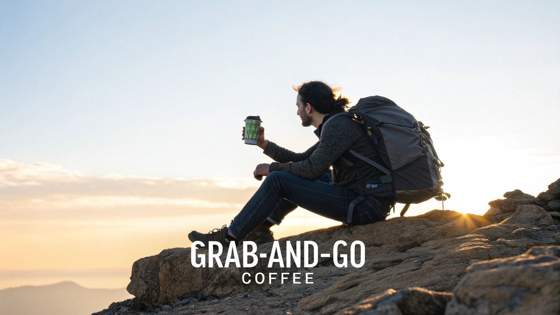 A hiker with a backpack sits on a mountain peak, enjoying a grab-and-go coffee at sunset.