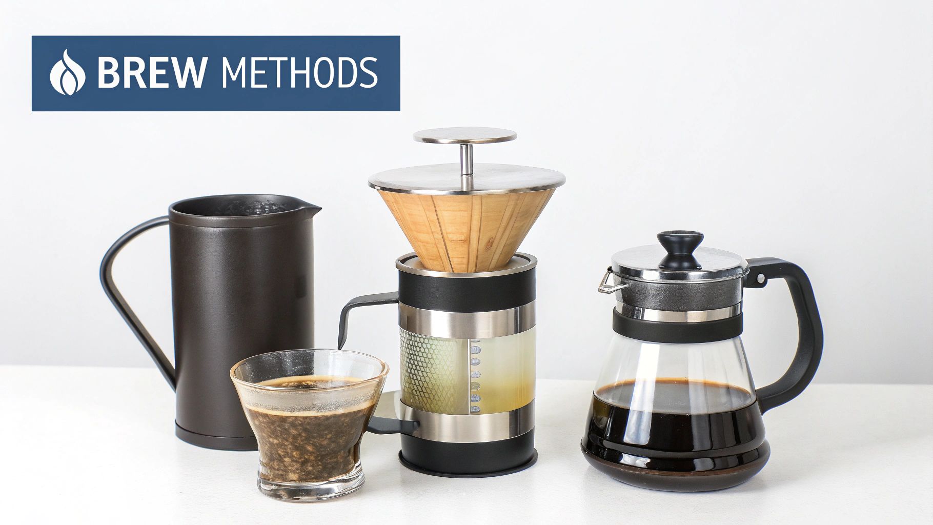 Various coffee brewing methods and equipment, including pour-over, French press, and cold brew setup.