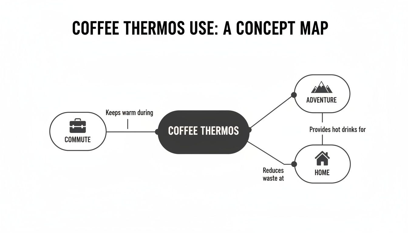 A concept map illustrating the various uses of a coffee thermos, keeping drinks warm for commute, adventure, and home.