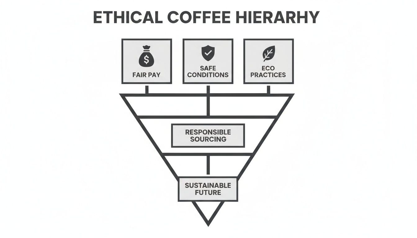 An inverted pyramid diagram illustrating the ethical coffee hierarchy, from fair pay to a sustainable future.