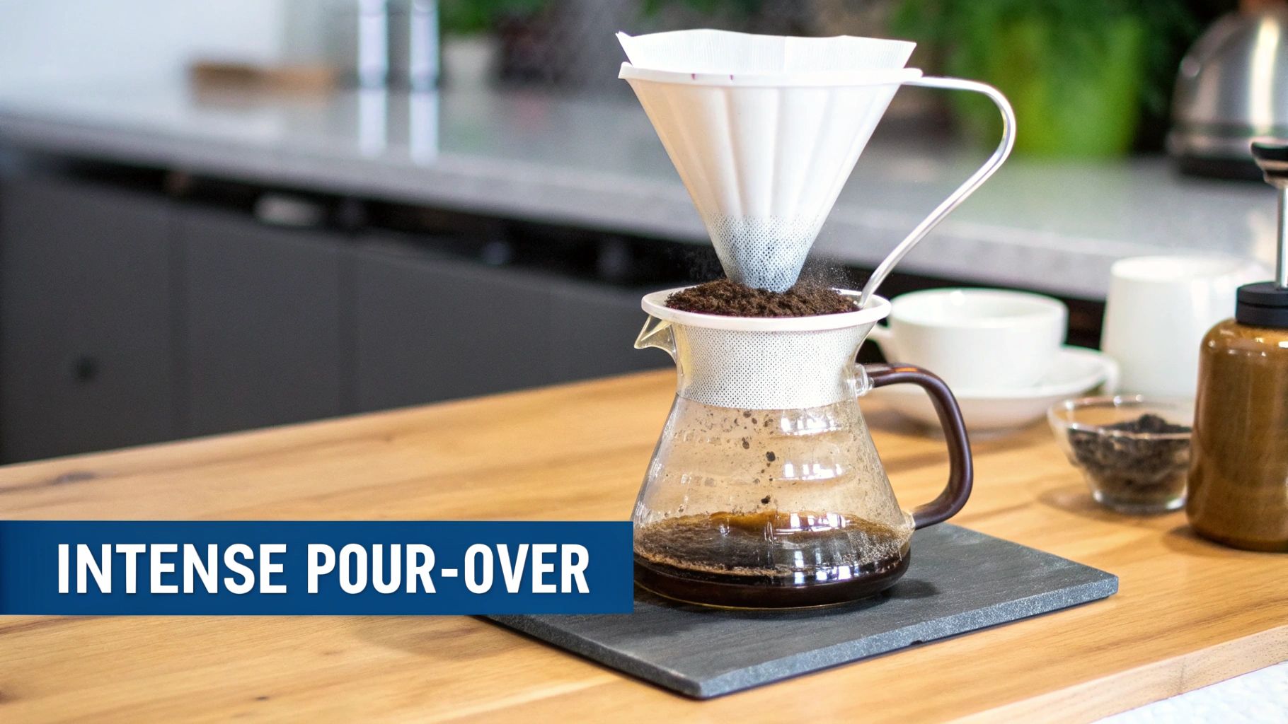A close-up of a pour-over coffee setup with grounds in a white filter dripping into a glass carafe.