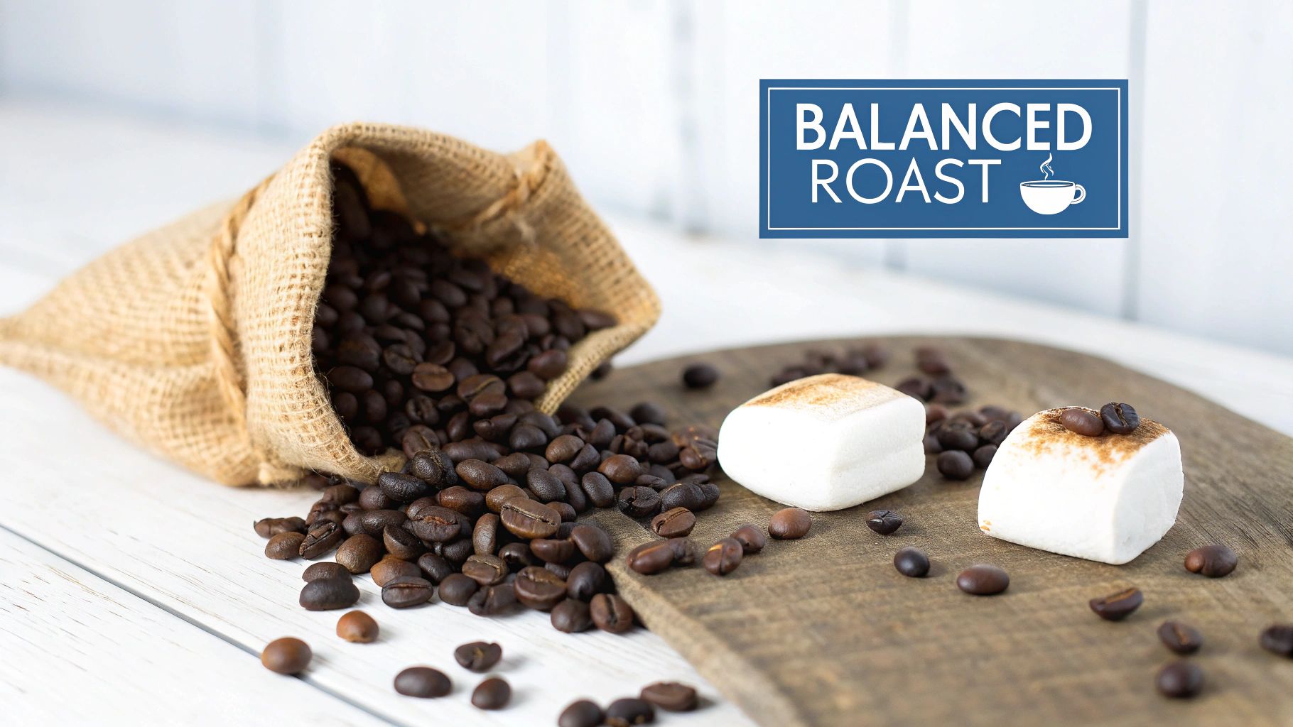 A burlap sack of dark roast coffee beans spilled onto a rustic wooden board with marshmallows and a 'Balanced Roast' logo.