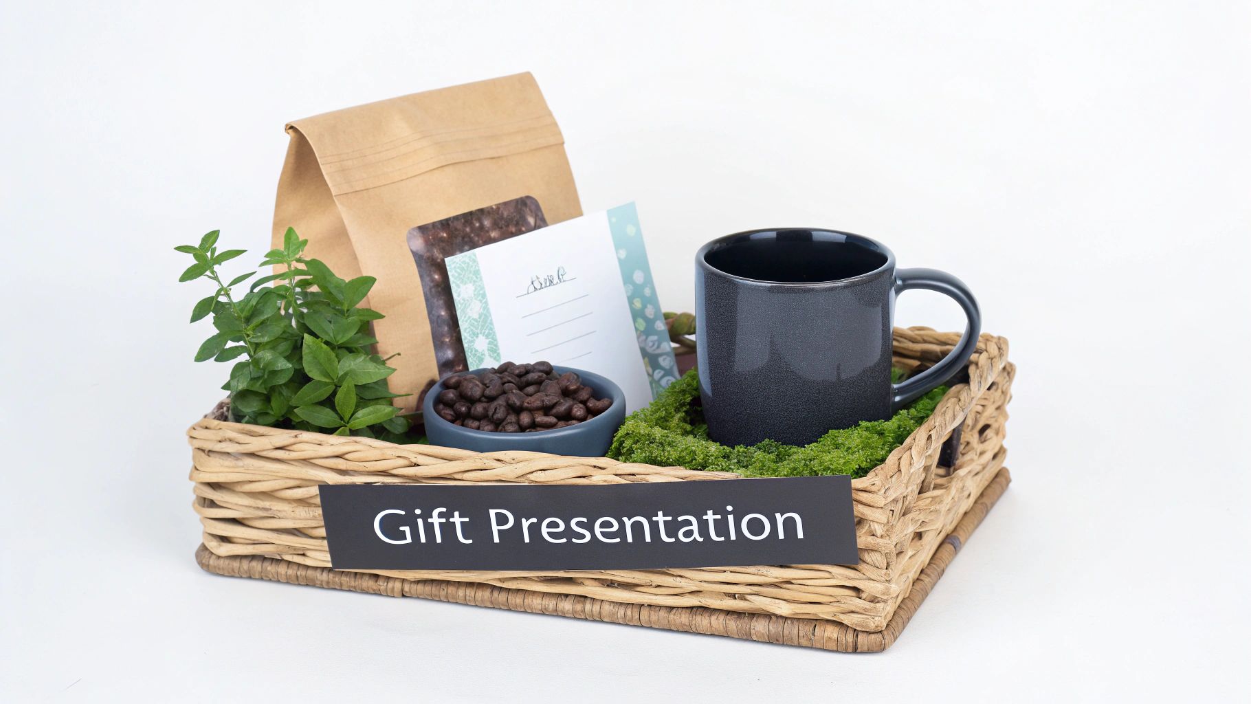 A coffee-themed gift basket with a dark mug, coffee beans, a plant, and a note card, ready for presentation.