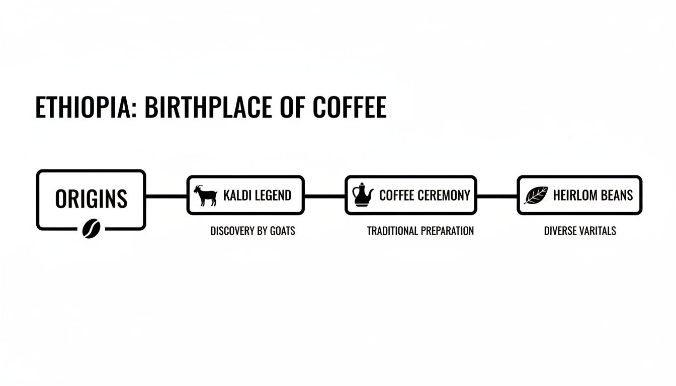 Infographic detailing Ethiopia's coffee origins, featuring Kaldi legend, coffee ceremony, and heirloom beans.