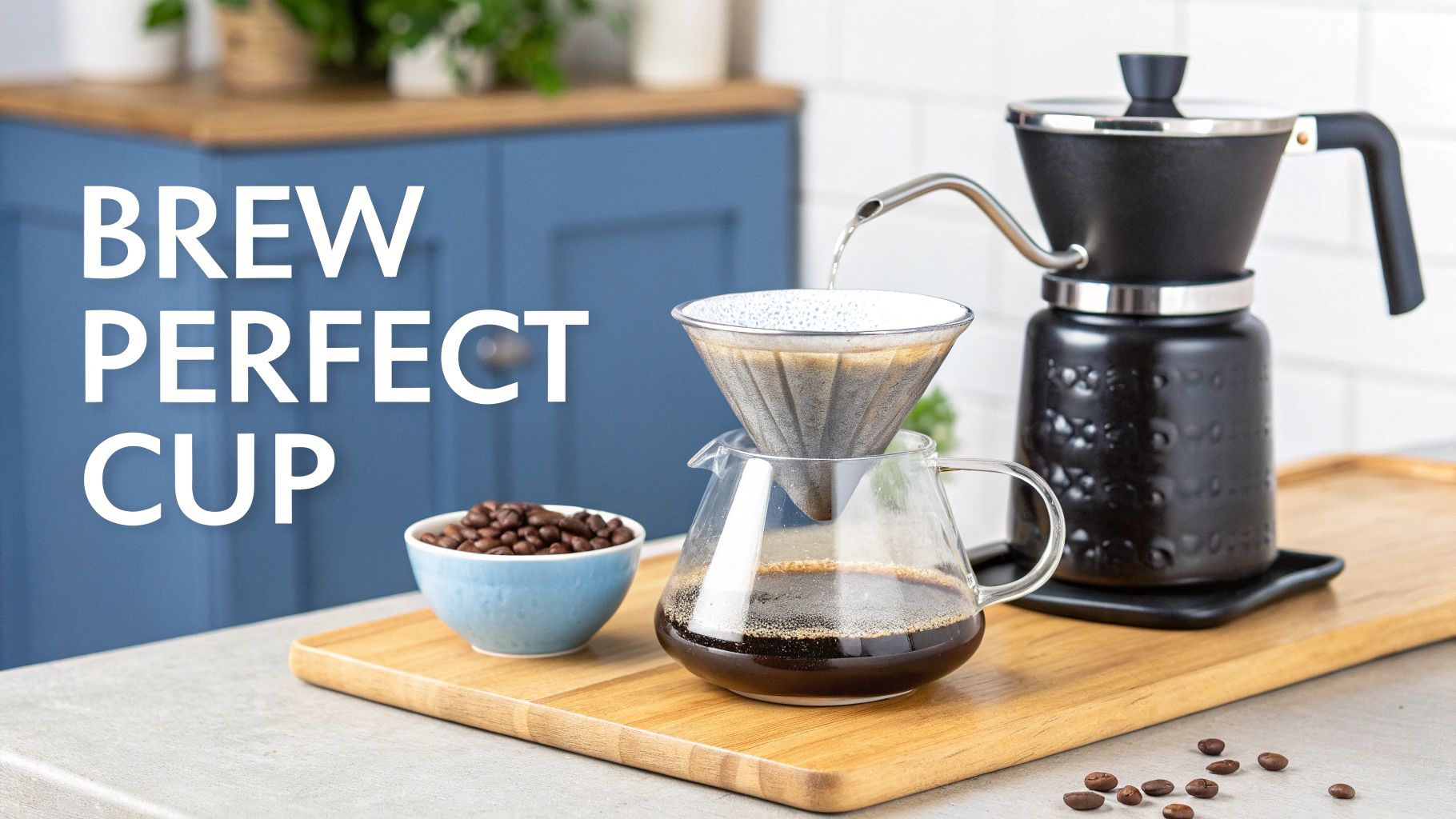 A pour-over coffee setup with a gooseneck kettle brewing fresh coffee into a glass carafe, surrounded by coffee beans.