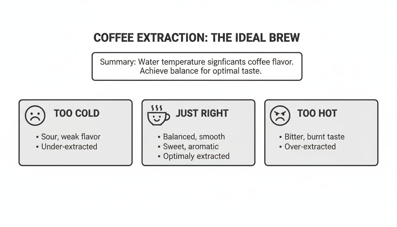 A coffee extraction guide illustrating the impact of water temperature on brew quality: too cold, just right, and too hot.