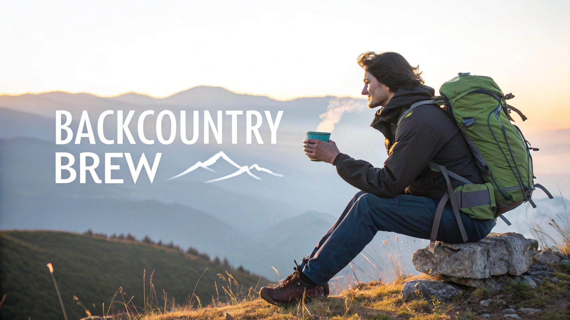 A man with a backpack sits on a mountain top, enjoying a steaming drink at sunrise. Text: BACKCOUNTRY BREW.