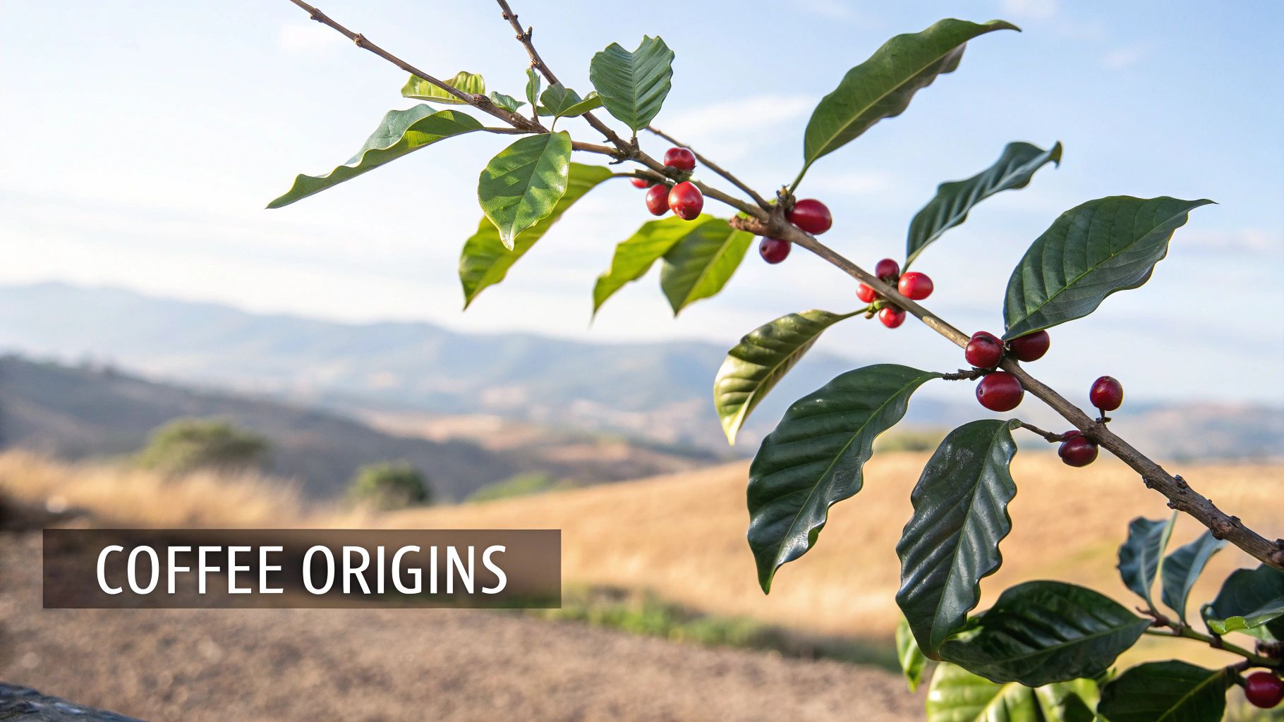 A coffee plant branch with ripe red cherries and green leaves, with "COFFEE ORIGINS" text overlay.