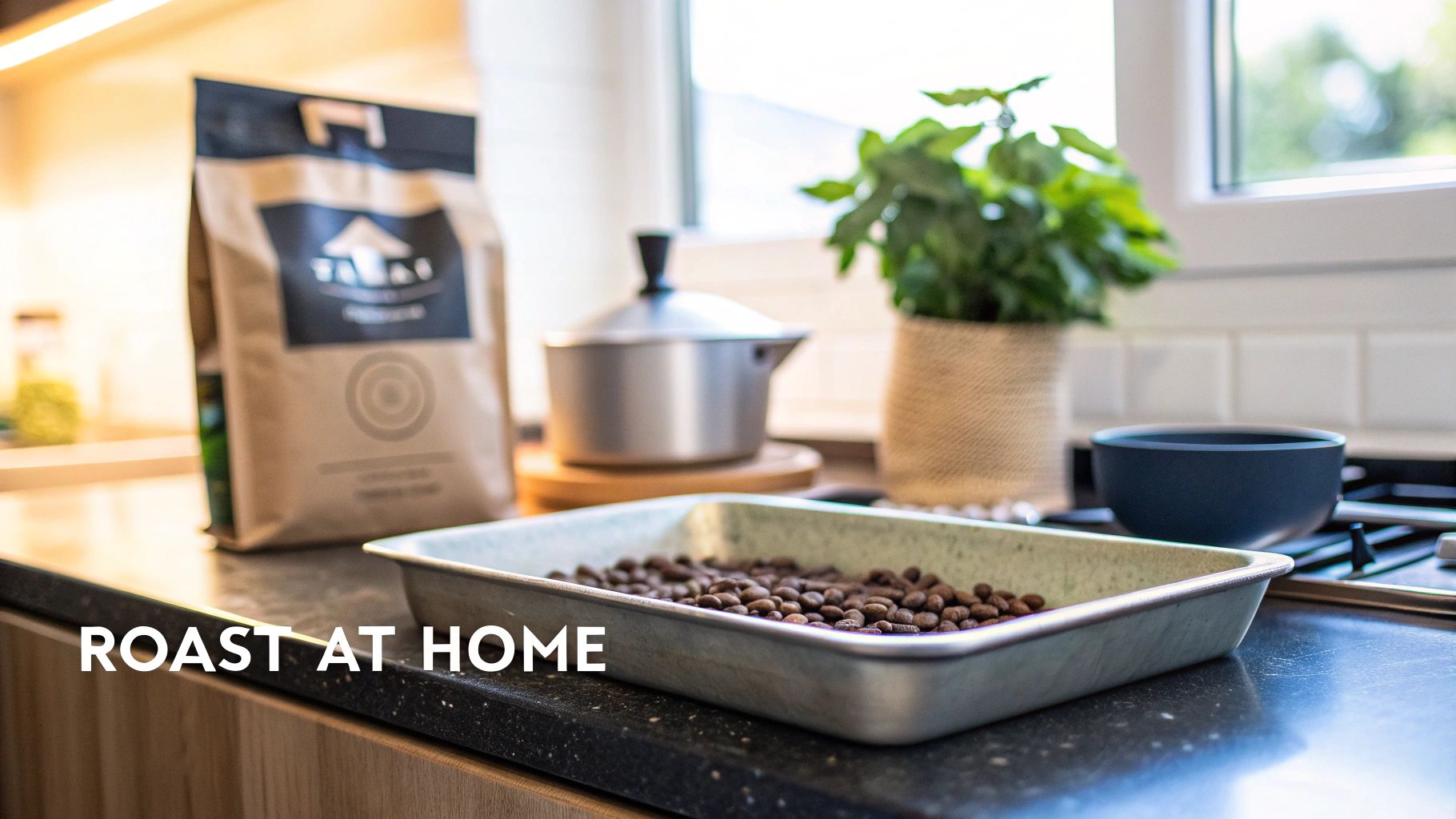 Roasted coffee beans in a tray on a kitchen counter with a coffee bag and pot, for home roasting.