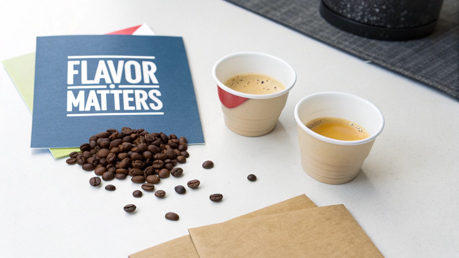 A blue 'FLAVOR MATTERS' card, roasted coffee beans, and two small cups of espresso on a light surface.