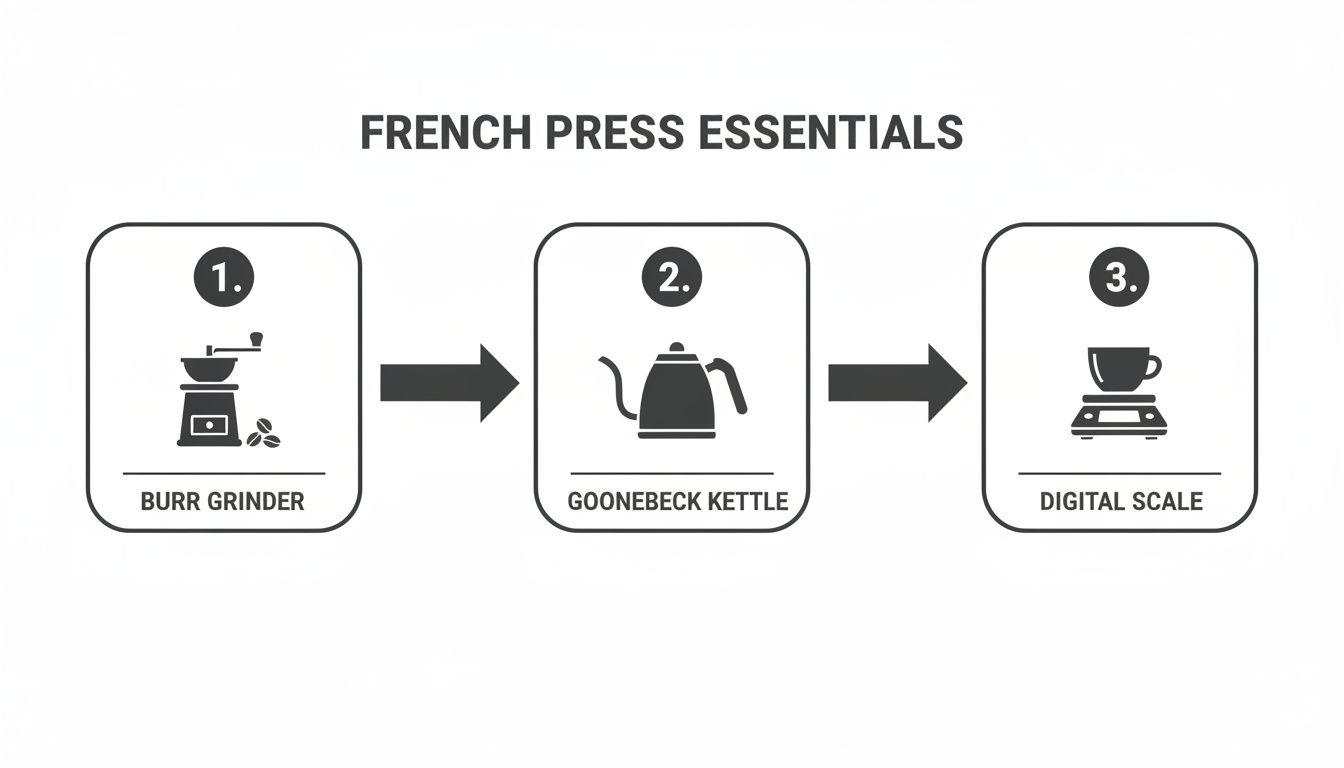Three essential items for making French press coffee: a burr grinder, gooseneck kettle, and digital scale.