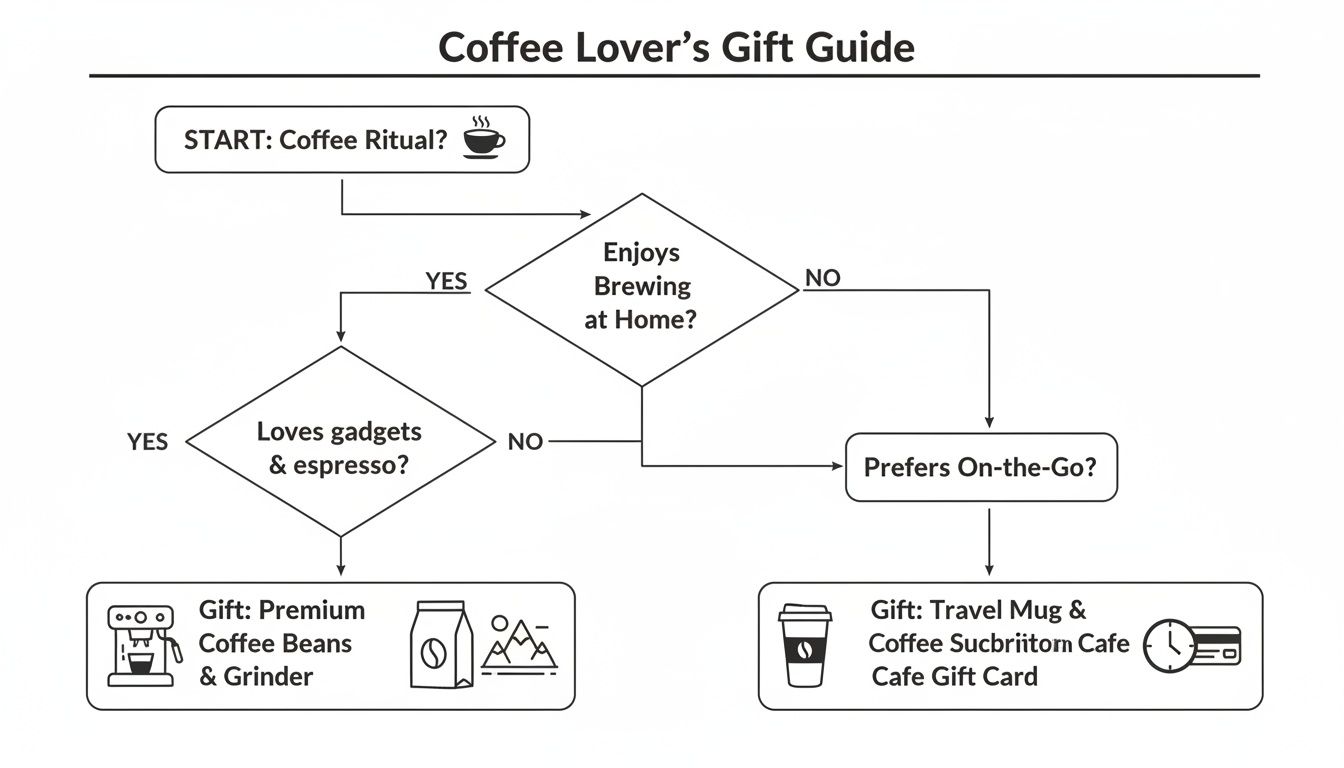 Flowchart guiding gift selection for coffee lovers based on brewing, gadgets, or on-the-go preferences.