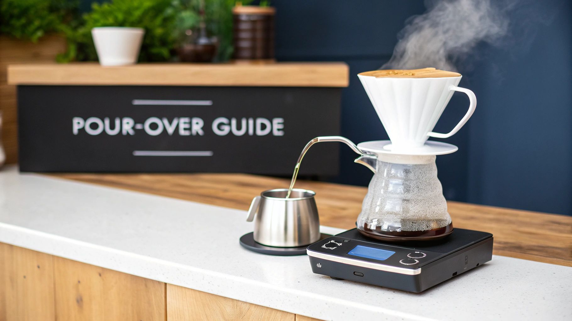 A pour-over coffee brewing setup with a steaming dripper, glass carafe, and smart scale.