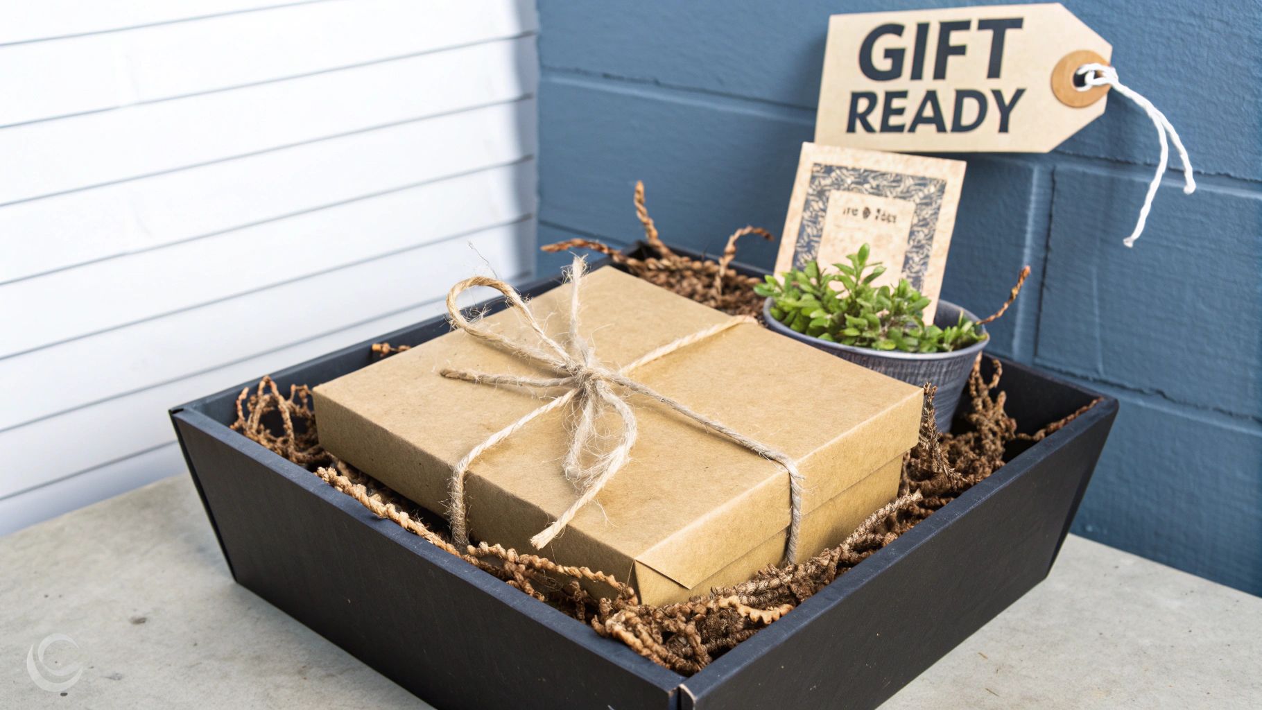A rustic gift basket with a brown box tied with twine, a potted plant, and a 'GIFT READY' tag.