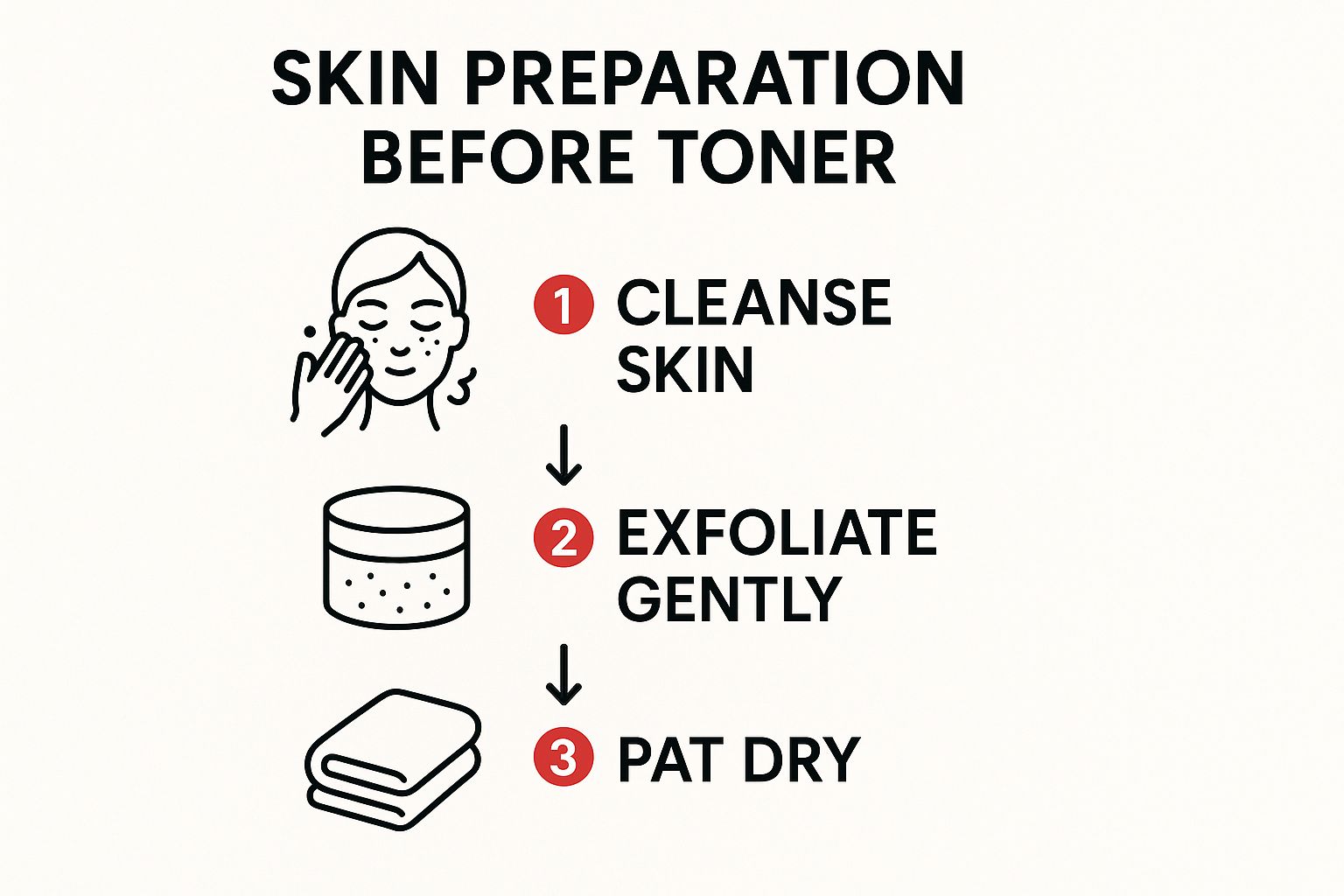 Infographic showing the process of cleansing, exfoliating, and patting skin dry before toner application