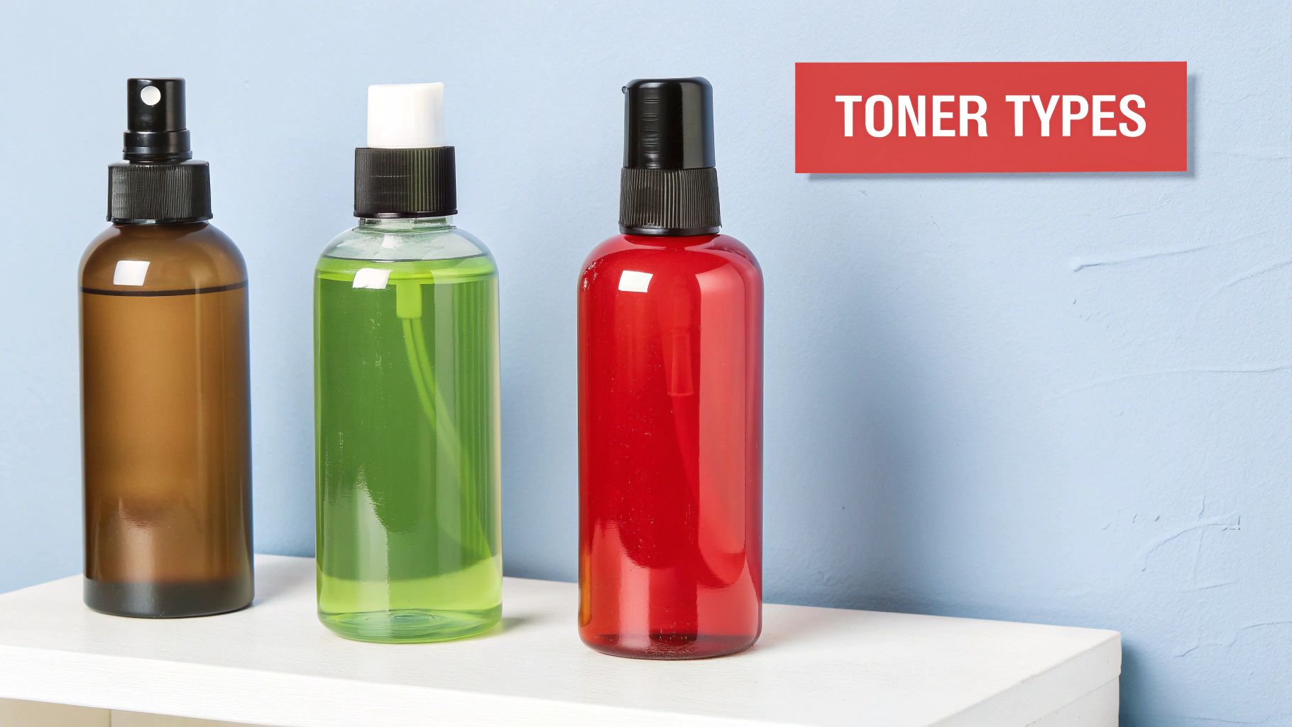 A collection of different toner bottles with various ingredients like flowers and fruits.