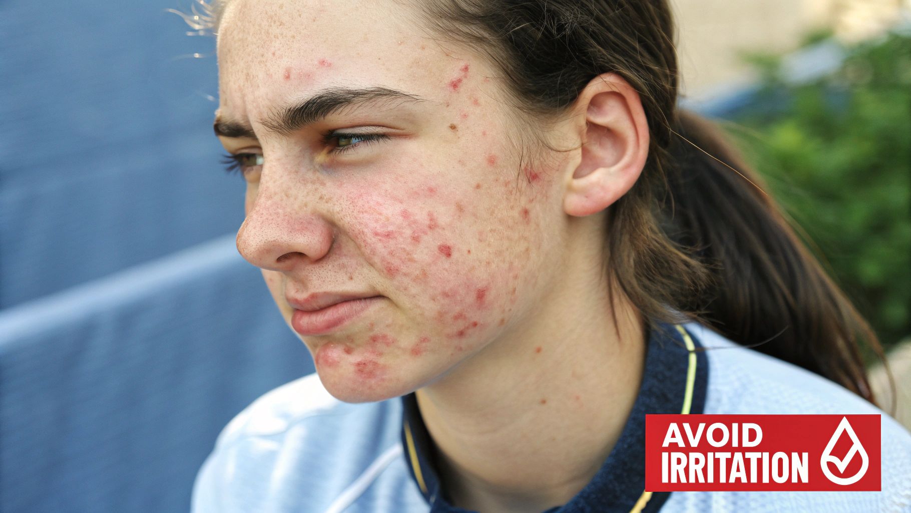 A woman looking at her reflection in the mirror, considering her skincare routine