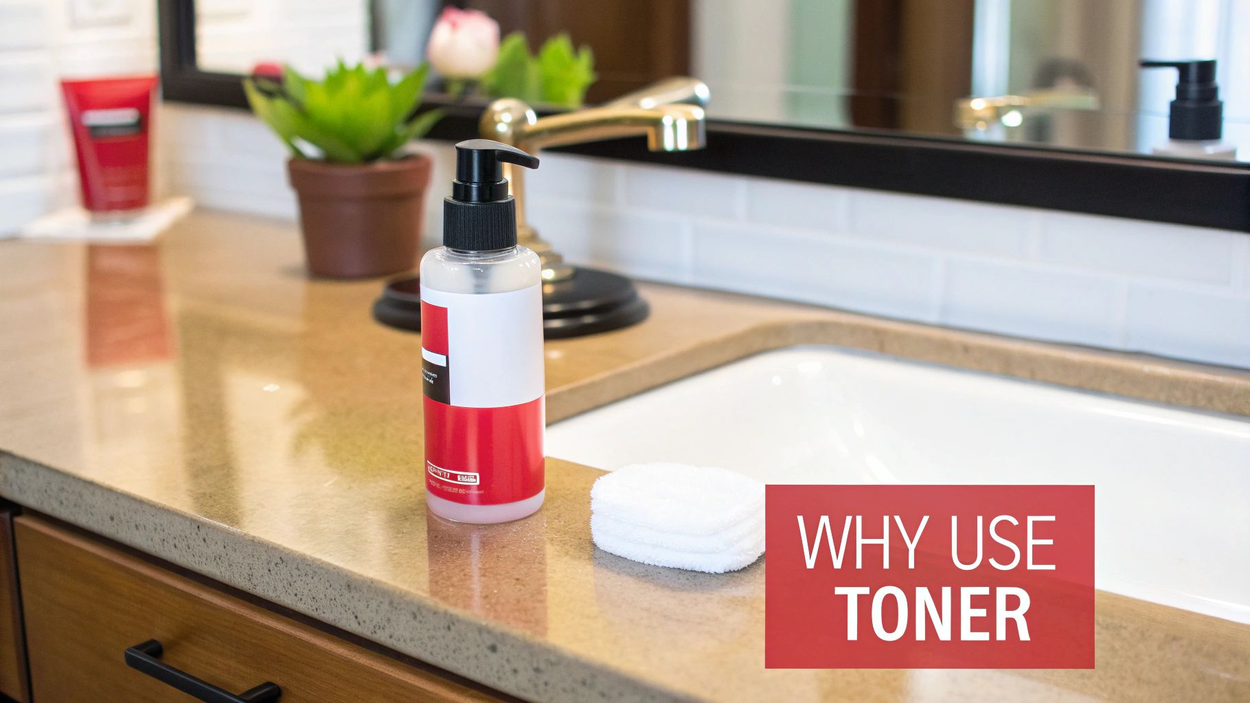 A woman applying toner with a cotton pad in her bathroom