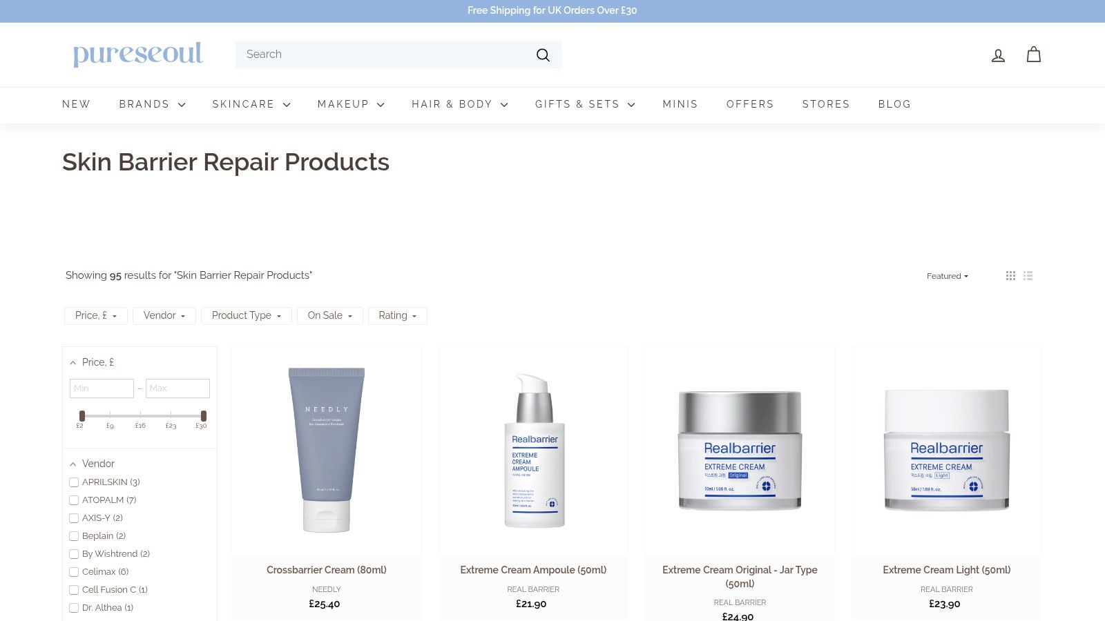 PURESEOUL website screenshot showing a collection of Korean skincare products.