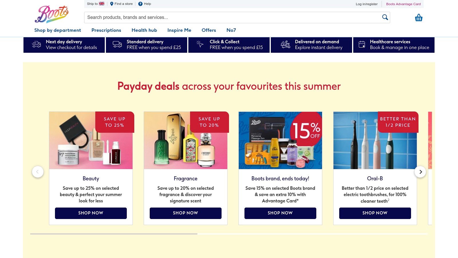 Boots UK website showing a collection of skincare products.