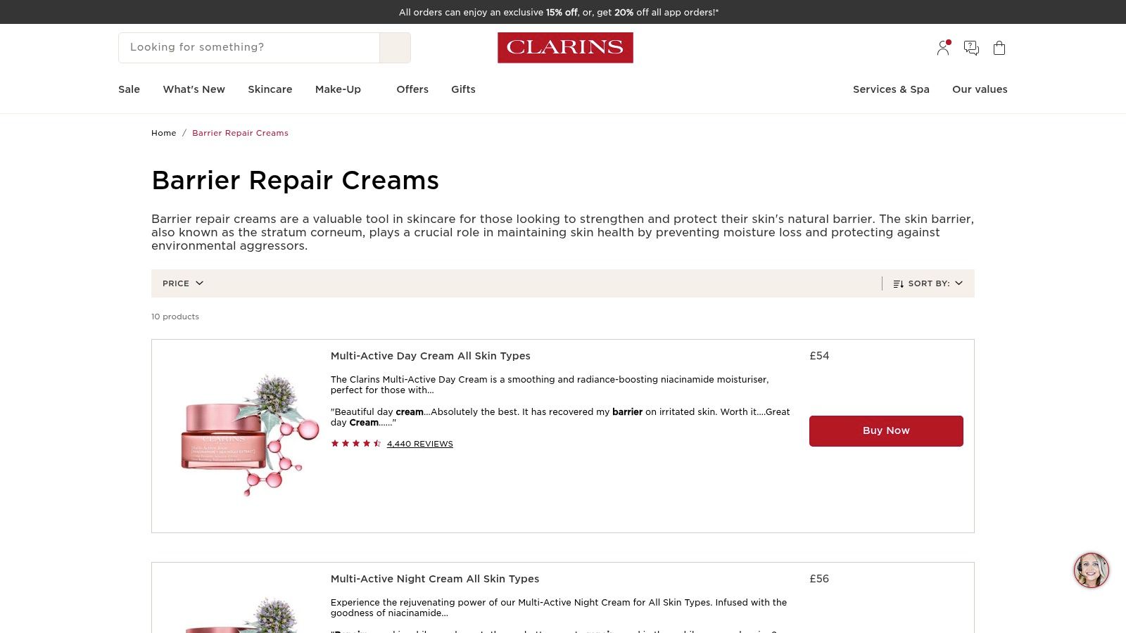 Clarins UK website showcasing their skincare products against a clean, premium background.