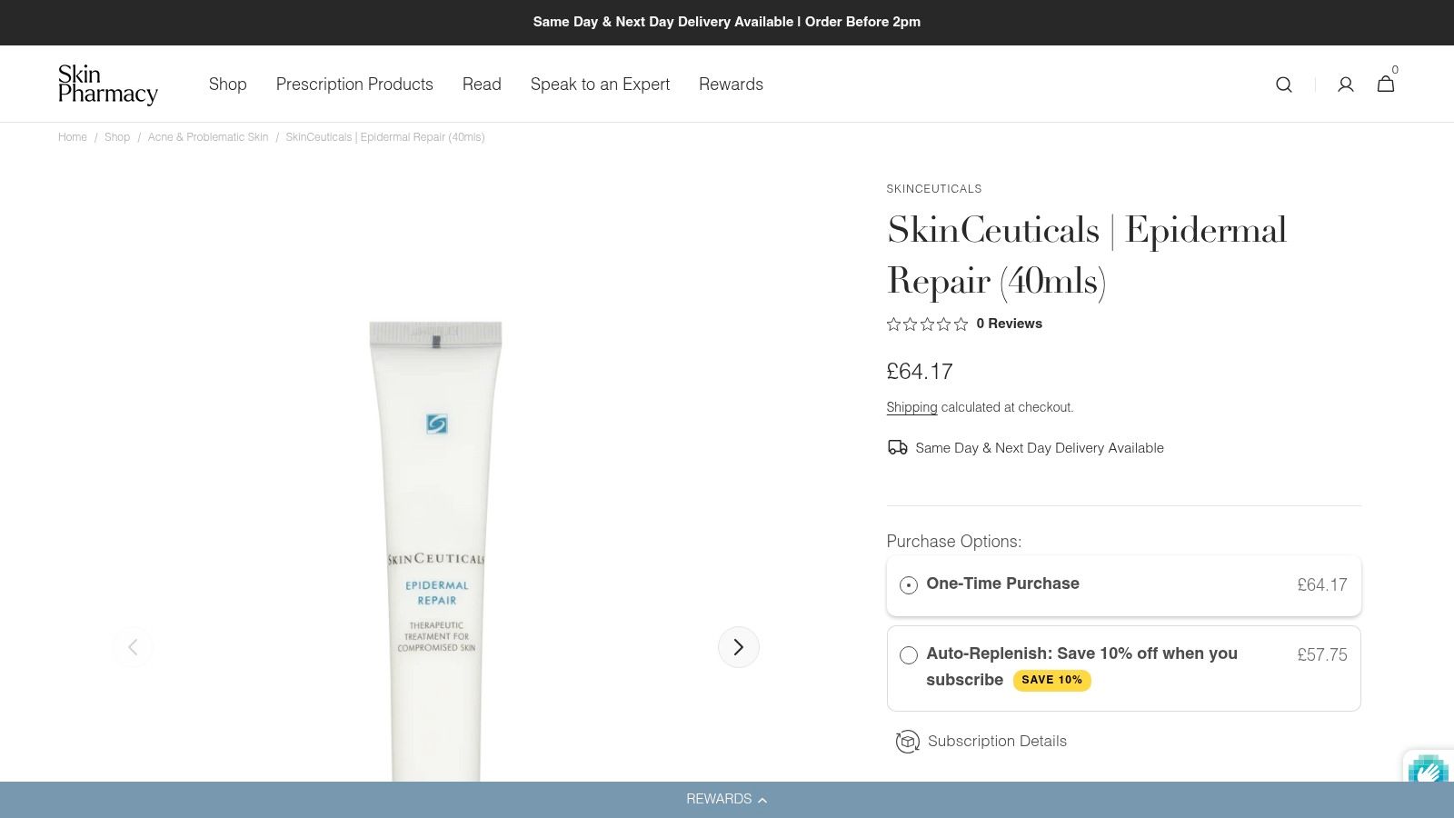 SkinPharmacy website screenshot showing the SkinCeuticals Epidermal Repair cream.
