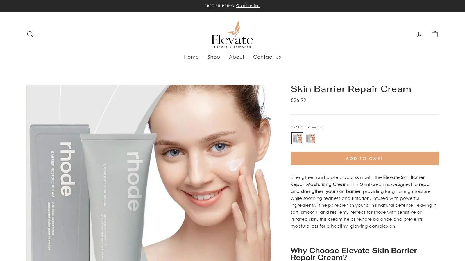 Elevate Cosmetics website showing its Skin Barrier Repair Cream product page.