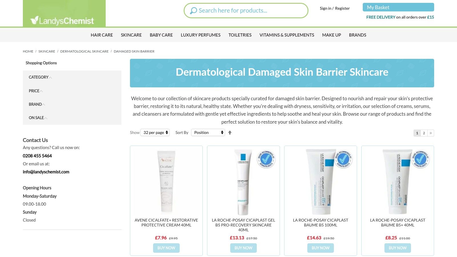 Landys Chemist website screenshot showcasing skincare products for damaged skin.