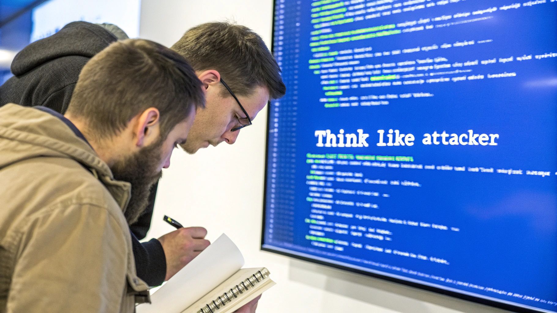Two developers intently review security code on a large screen displaying 'Think like attacker'.