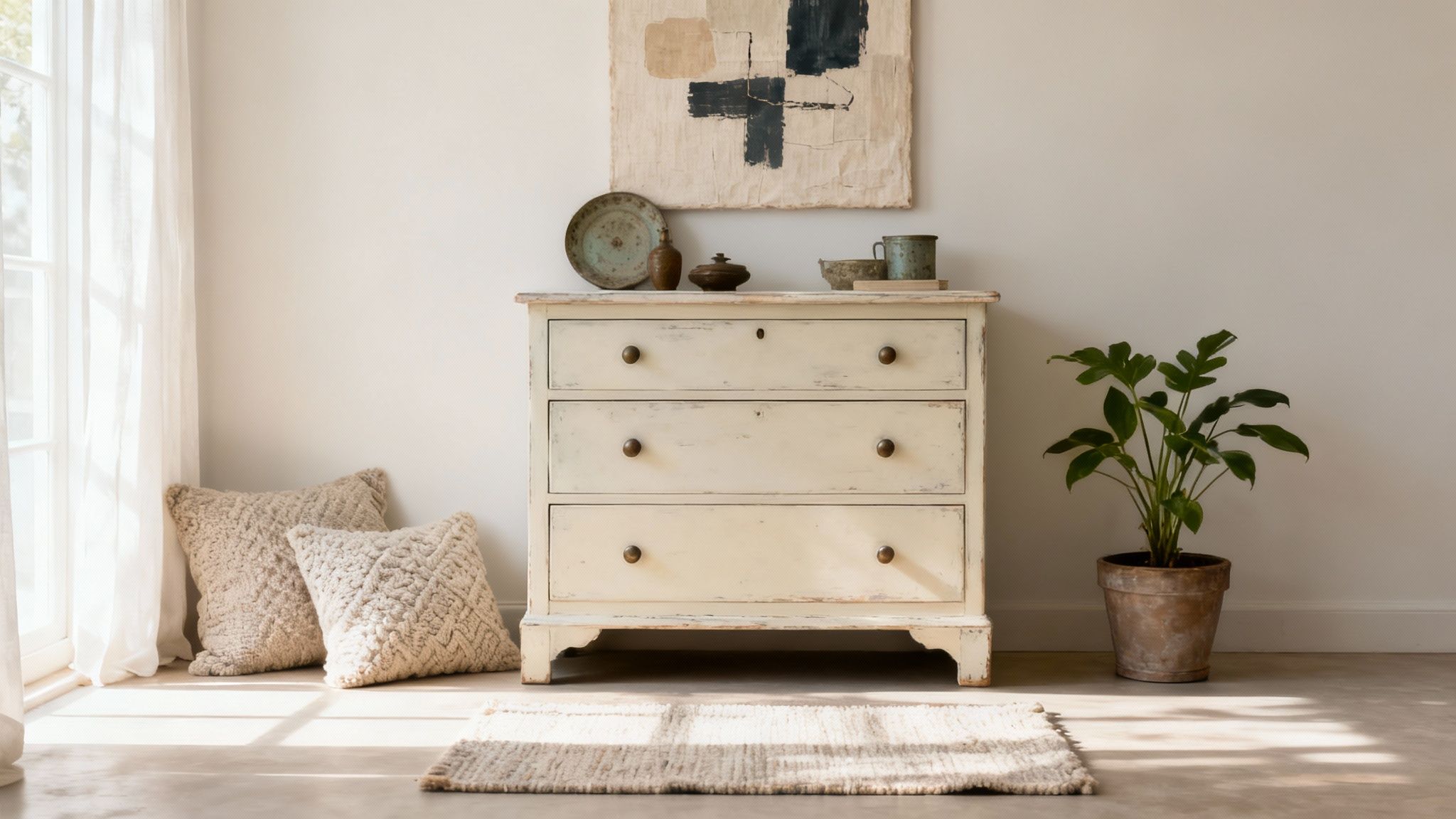 Vintage white distressed dresser with abstract art, rustic pottery, textured pillows and potted plant