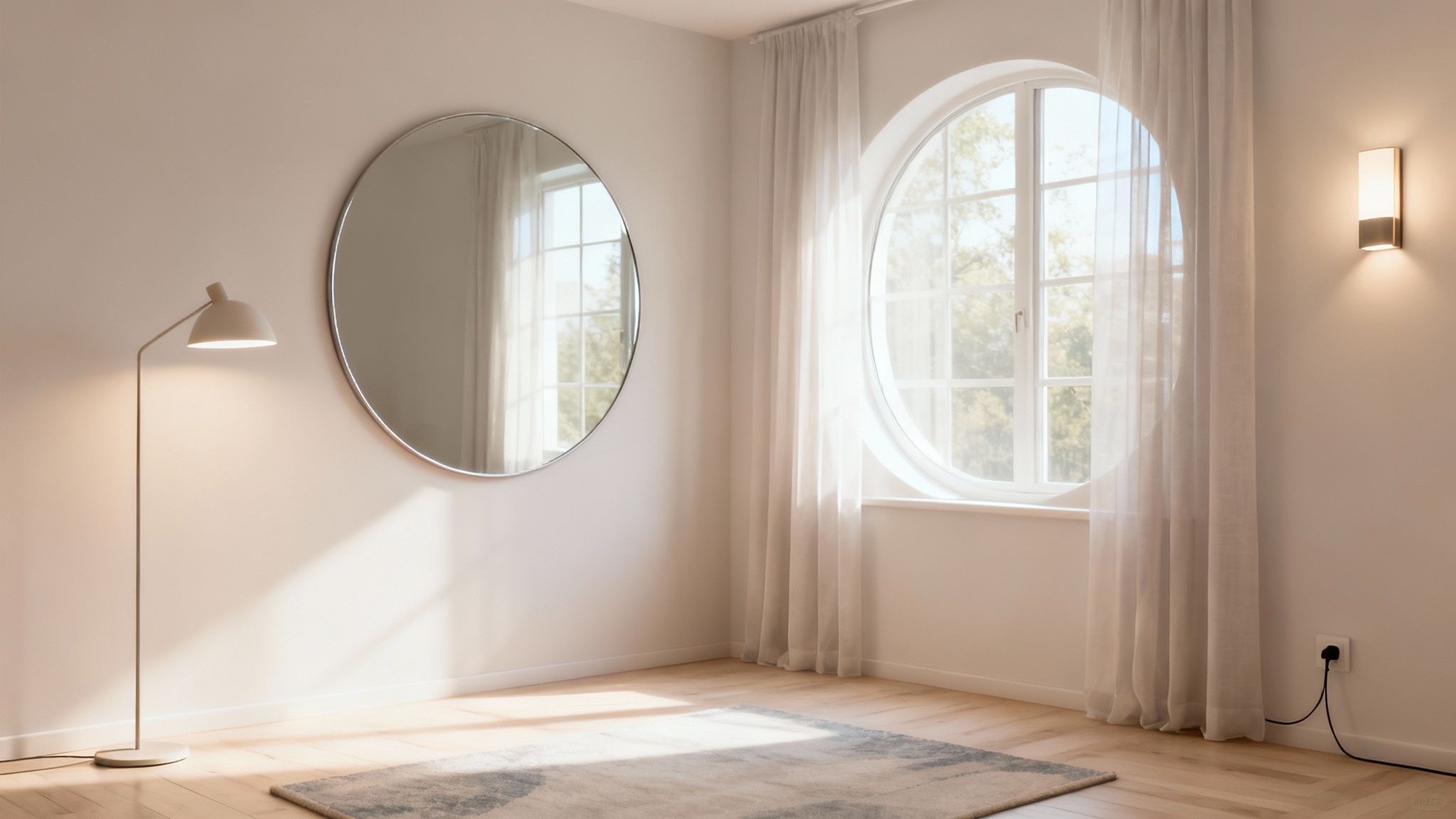Minimalist room with large circular mirror, arched window, floor lamp and neutral tones