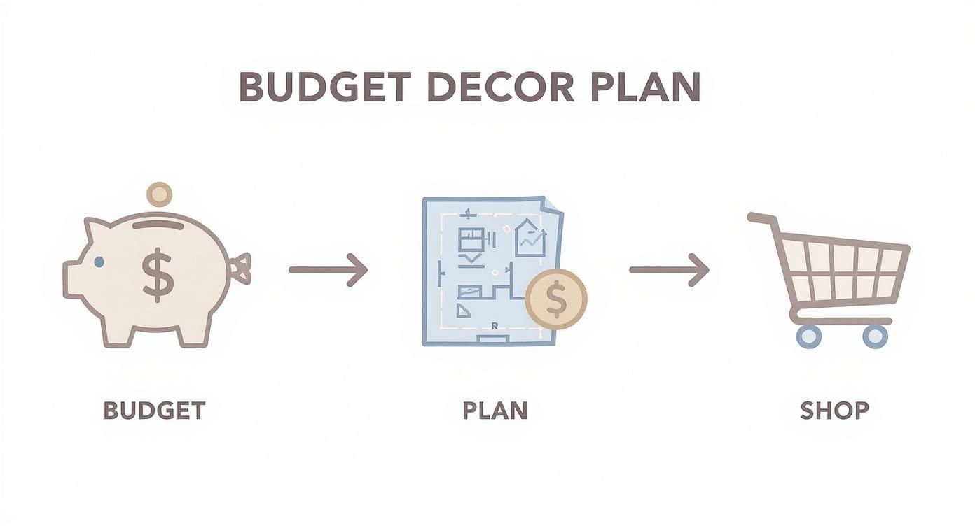 Budget decor plan infographic showing three steps: budgeting with piggy bank, planning layout, and shopping