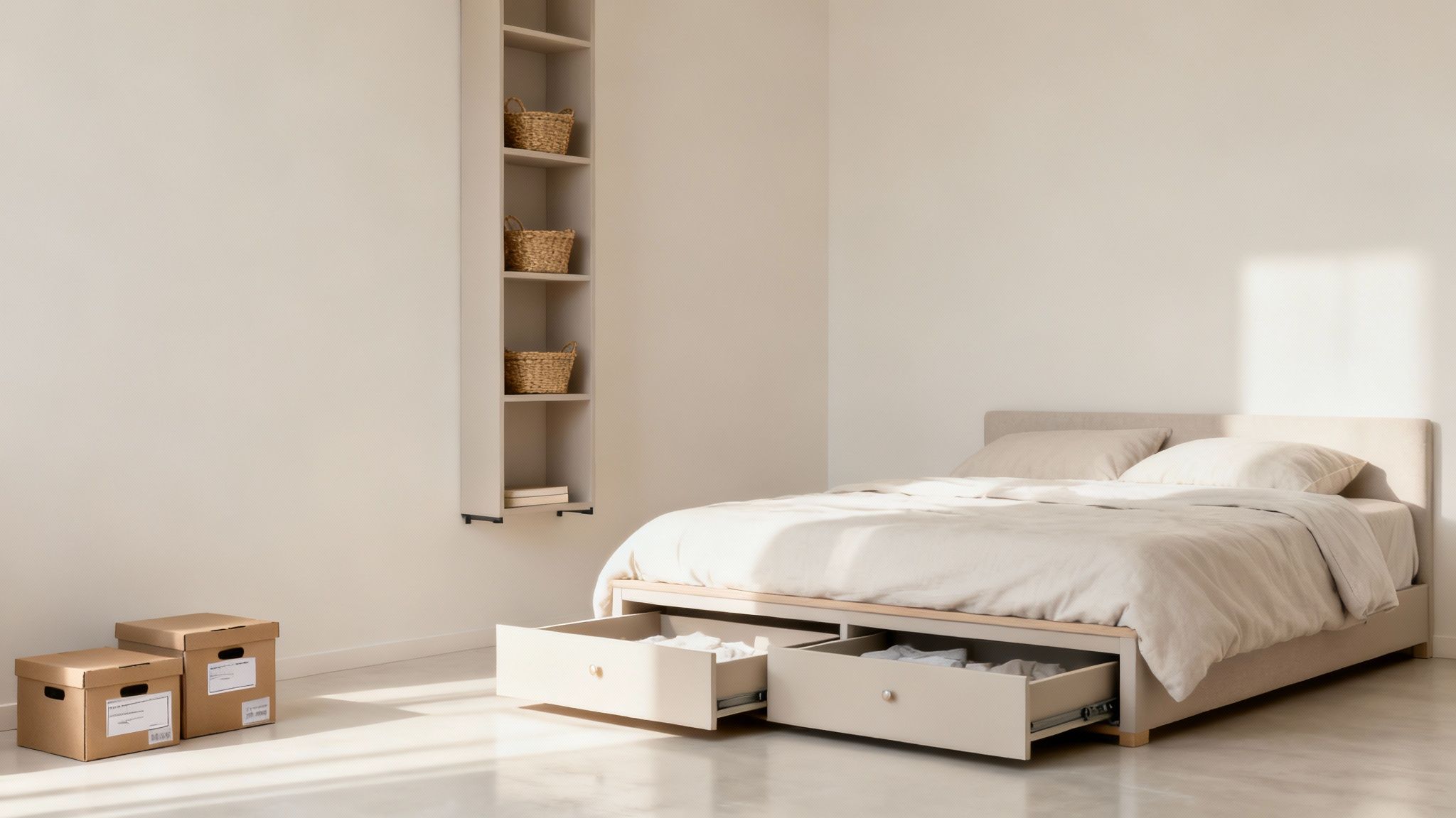 Minimalist bedroom with storage bed featuring pull-out drawers and neutral beige tones for small spaces