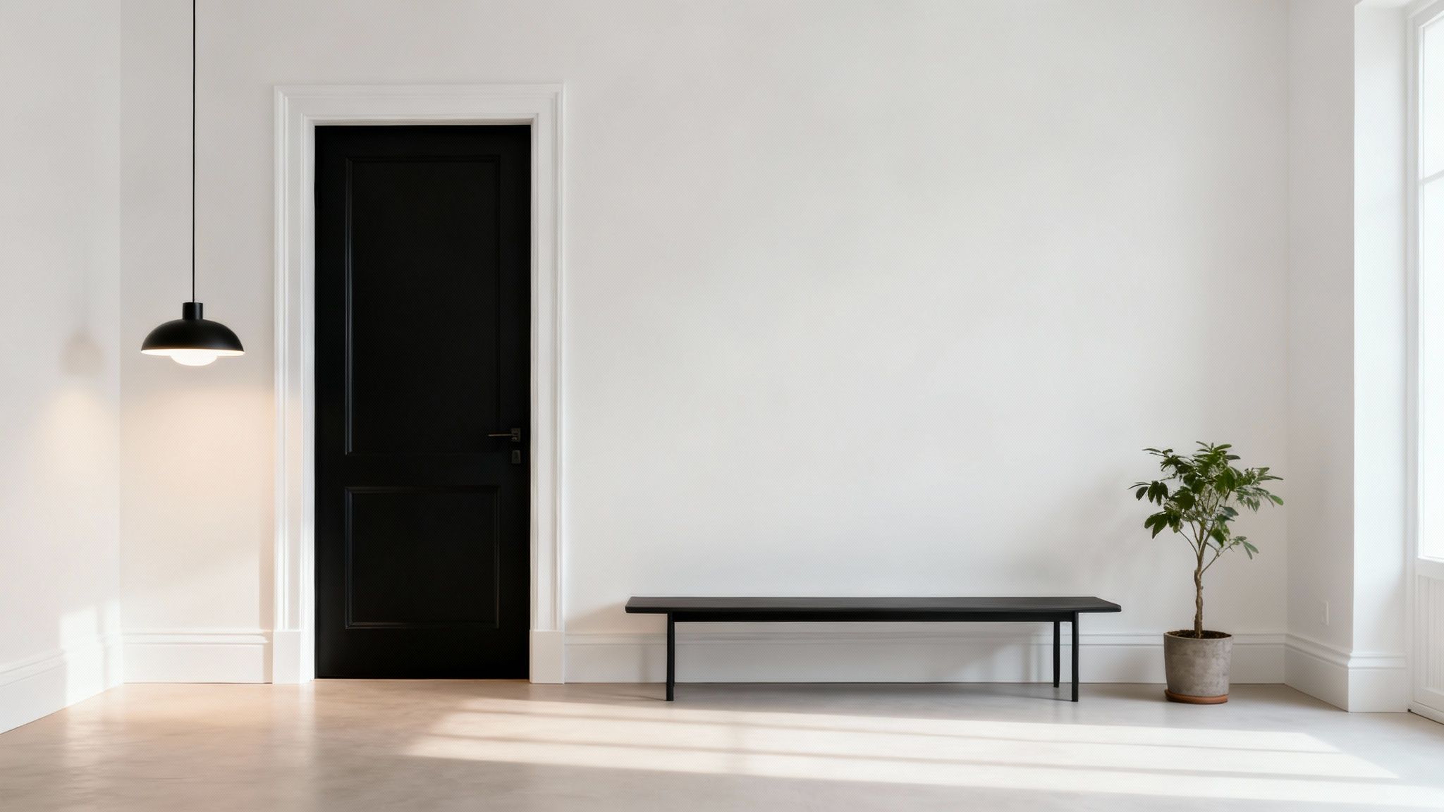 Minimalist modern entryway with black door, pendant light, bench, and potted plant