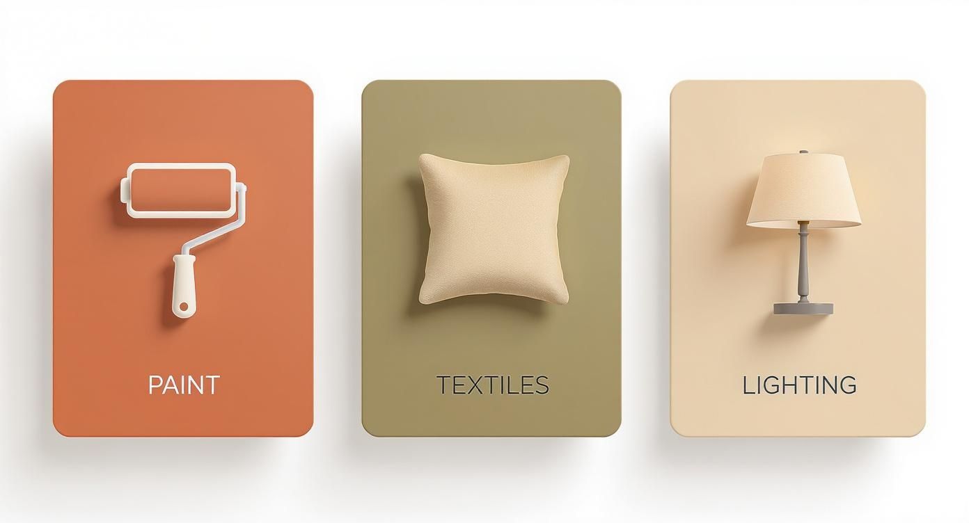 Three home decor categories displayed: paint roller, textile pillow, and table lamp on cards